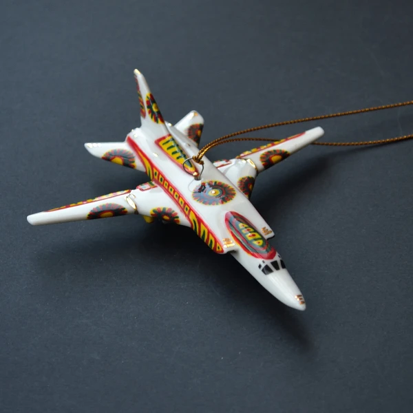 Ёлочная игрушка Самолет-Бомбардировщик №22 белый с росписью в народном стиле, фарфор, подарочная упаковка