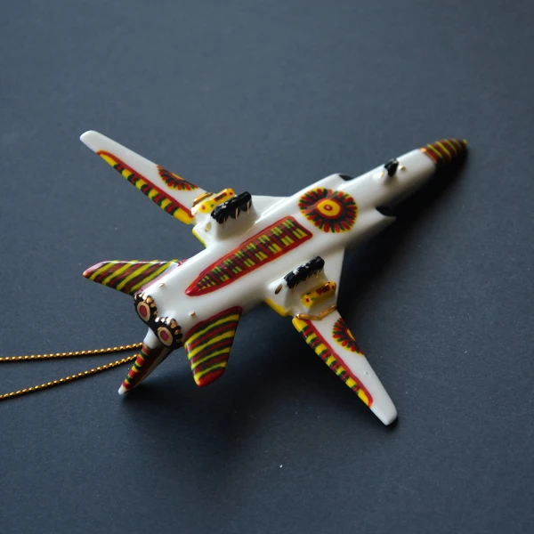 Ёлочная игрушка Самолет №22 белый с росписью в народном стиле, , фарфор, подарочная упаковка